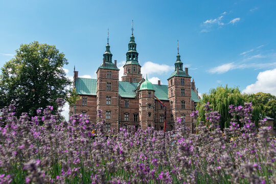 Copenhagen, Denmark- July 14, 2025: Lavender bushes blooming at Rosenborg Castle gardens near Rosenborg Castle (Rosenborg Slot) a famous renaissance castle summerhouse building exterior