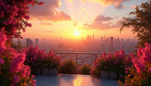 Rooftop garden with pink flowers overlooks city skyline at sunset. Bright sun rays shine through clouds. Urban landscape with blooming plants and soft light.