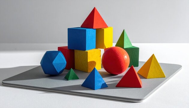 An Assortment of Colorful Geometric Shapes including Cubes, Pyramids, Spheres, and Polyhedrons Arranged