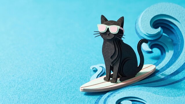 Black paper craft cat with pink sunglasses surfing on a wave in a creative papercut ocean during summer.
