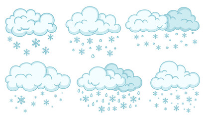Obraz premium Cute Cartoon Snow Cloud Weather Icons Vector illustration Set