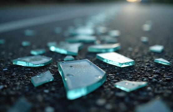Sharp broken glass shards lie scattered on grey asphalt road surface. Greenish fragments of smashed vehicle windscreen cover dark street pavement after car crash accident. Dangerous sharp edges