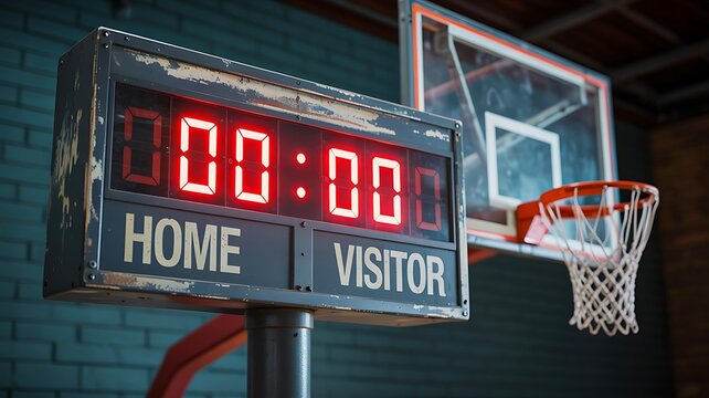 Basketball scoreboard showing game timer with hoop and backboard in sports arena