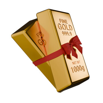 Gold bars with red ribbon bow 3d render illustration representing financial gift, wealth, premium reward, anniversary present, business success concept