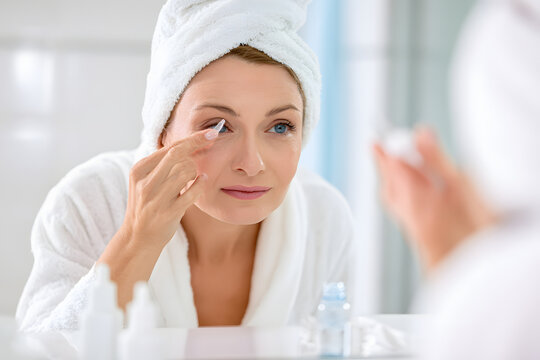 Woman Applying Eye Cream for Anti Aging Skincare and Eye Care