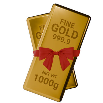 Gold bars with red ribbon bow 3d render illustration representing financial gift, wealth, premium reward, anniversary present, business success concept