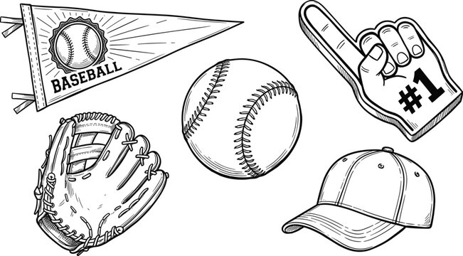 Vintage Baseball Equipment and Fan Accessories Set Featuring Ball Glove Cap Pennant Flag and Foam Finger Hand Drawn Sketch Vector Icons