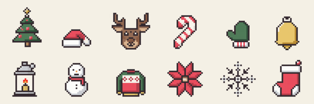 A pixel art christmas icons including tree, reindeer, candy cane, and snowman evoke festive cheer