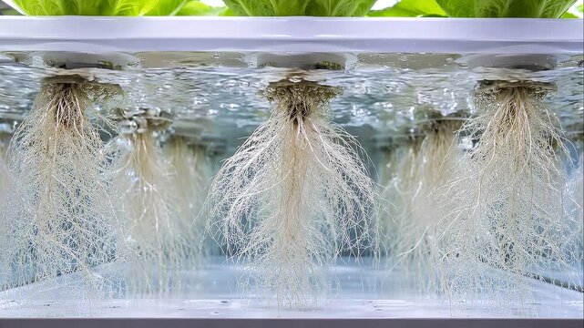 Indoor farming hydroponic root system green lettuce plant growth in clean water tank and channel modern fresh crop cultivation