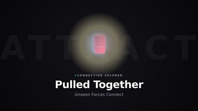 Magnetic attraction of glowing opposite poles pulling together with text. Minimal high tech motion graphics. Video intro concept for science education and corporate presentations