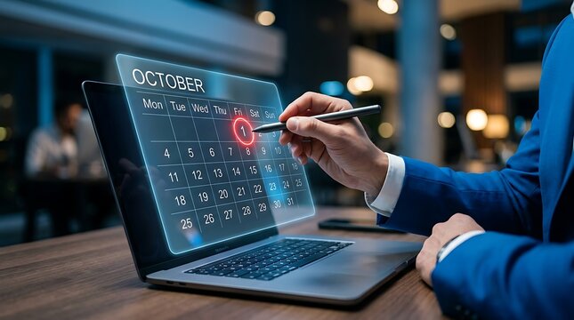 Business executive using digital stylus on holographic calendar interface to schedule important meetings for October 2024 in modern workplace during night shift