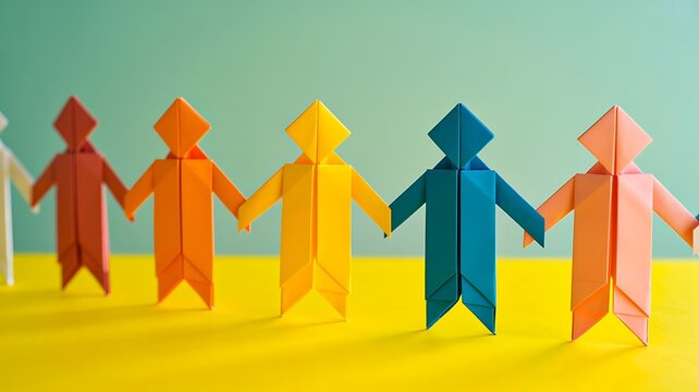 Diverse paper people holding hands representing teamwork unity inclusion and community collaboration