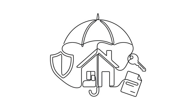 Continuous line drawing of house under umbrella for home insurance concept