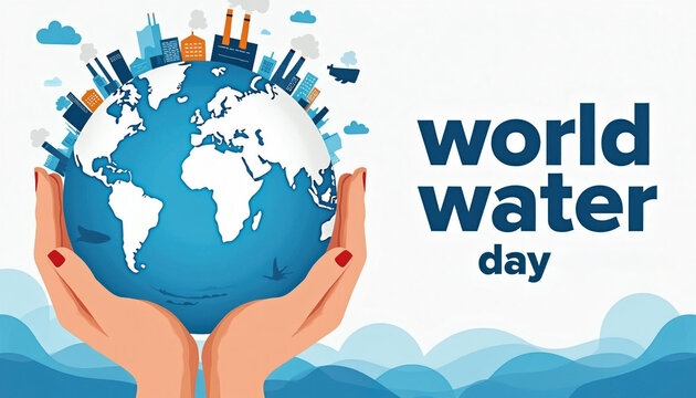 Female hands hold blue globe with industrial city buildings on top. Illustration represents World Water Day theme for environmental awareness campaign. Concept emphasizes planet protection ecology