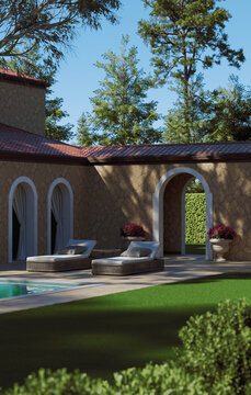 Mediterranean Villa Patio with Lounge Chairs and Arched Doors