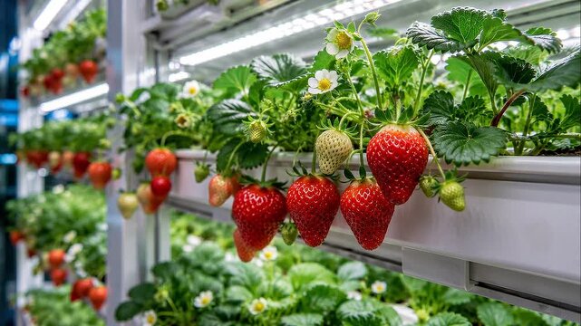 Urban Agriculture Strawberry Plant Indoor Farm Fresh Ripe Fruit Green Leaf Hydroponic System Vertical Garden Growth