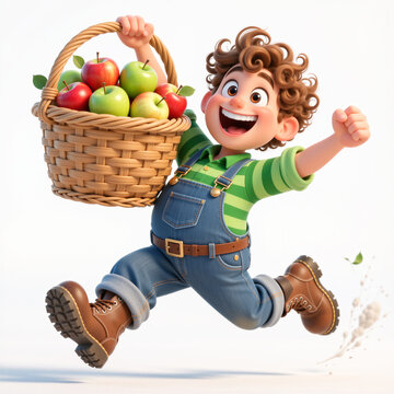A joyful young farmer, with a wild curl of hair and a vibrant green shirt, ecstatically holds a giant overflowing basket of apples on a white background.