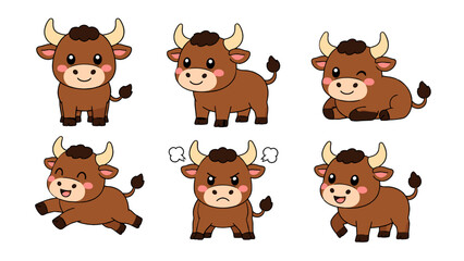 Fototapeta premium Cute cartoon bull character set in different poses