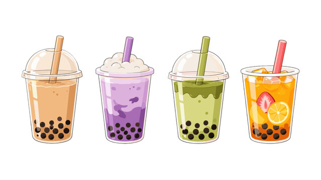 Colorful bubble tea and fruit drinks vector set