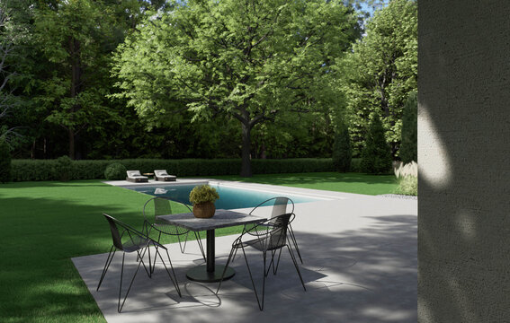Modern backyard patio with swimming pool, dining table and green lawn