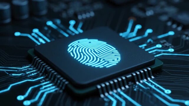 Futuristic Microchip with Glowing Biometric Fingerprint Scanner and Digital Circuit Board Data Light Trails