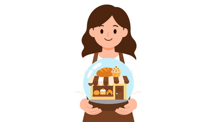 Woman holding glass dome with small bakery shop illustration © Mark