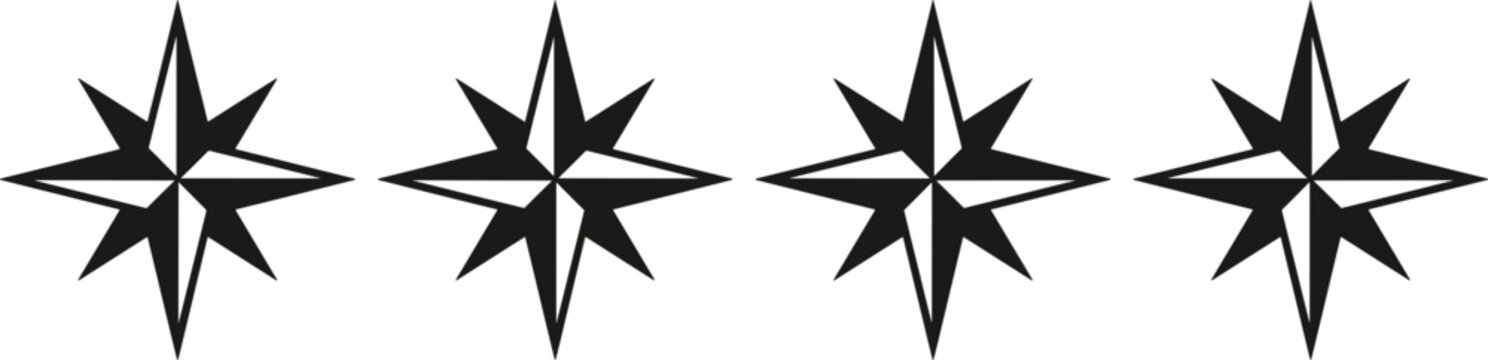 Compass Rose Icon Set with Nautical Star and Wind Rose Symbols for Marine Navigation, Mapping, and Travel Graphic Designs