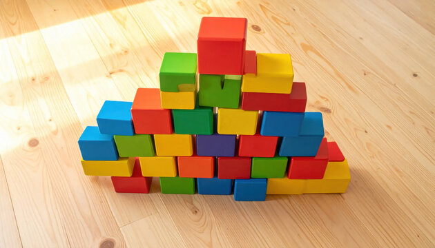 A vibrant pyramid of colorful wooden building blocks stacked on a light wood floor
