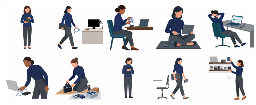 Collection of flat vector illustrations featuring women using external hard drives and laptops for data storage, backup, and file management in various office scenarios.