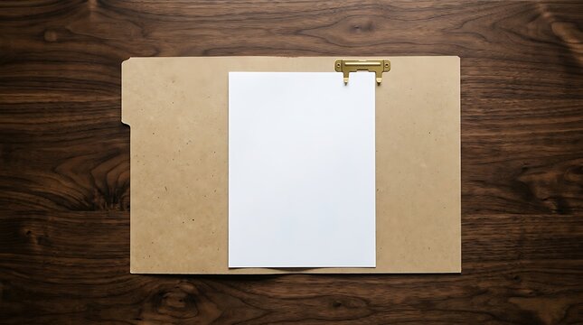 Clean white sheet of paper on professional clipboard placed on dark wooden desk surface for business planning or creative drafting in office environment
