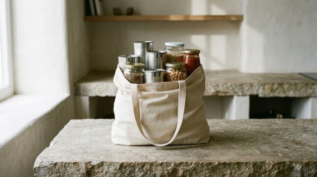 Canvas Tote Bag Filled with Canned Goods and Glass Jars on a Stone Kitchen Counter.