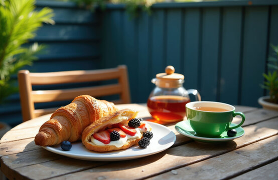 Fresh croissant with cream and berries sits on wooden table with herbal tea. Sunlight falls on delicious breakfast at outdoor cafe terrace. Healthy morning meal on rustic wood.