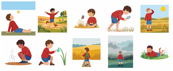 Fototapeta premium Little boy exploring nature set. Cartoon child discovering environment, wildlife and sensory experiences. Outdoor adventure illustrations for children education and learning concept.