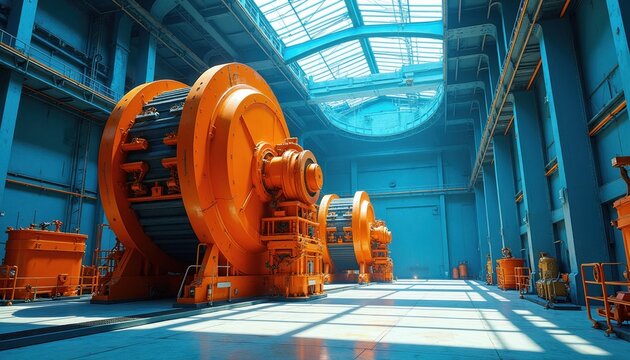 Giant orange industrial machines stand inside a large blue factory building. Modern engineering and manufacturing processes take place here. This facility is built for heavy duty production.