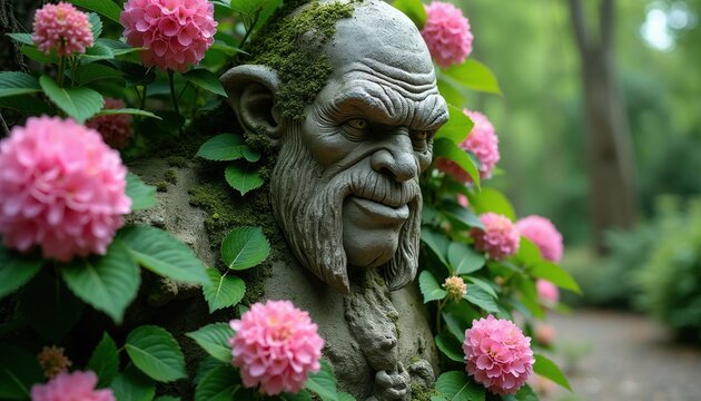 Stone statue of old forest creature sits in rich garden surrounded by pink hydrangea flowers. Green moss covers rock face figure outdoors. Ancient sculpture blends with natural botanical environment.