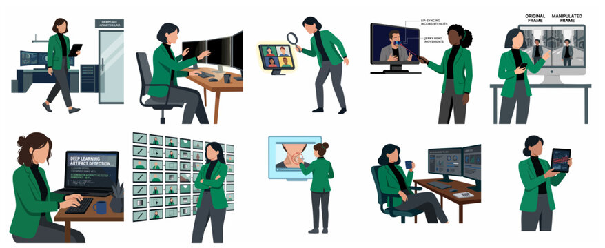Professional Women Detecting Deepfakes and AI-Manipulated Media, Digital Forensics and Cybersecurity Analysis Illustrations Set