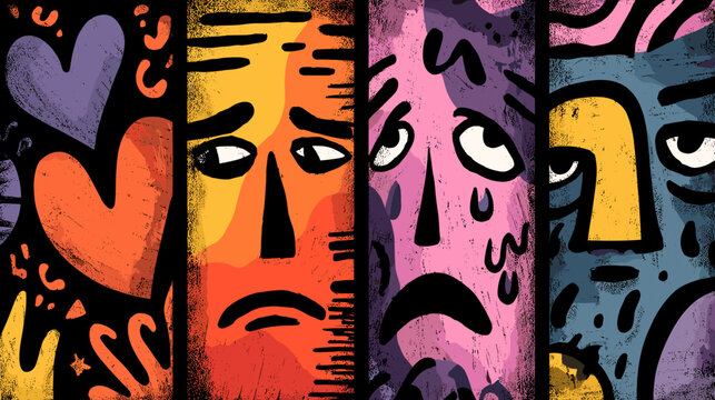 Abstract Illustration of Colorful Emotion Faces Representing Sadness and Various Feelings