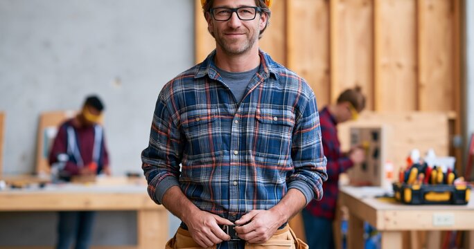 Confident carpenter in workshop with team