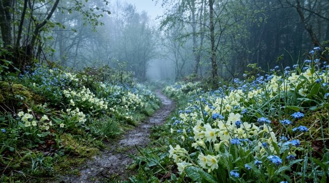 Misty forest path lined with blooming primroses and forget-me-nots in spring