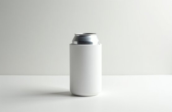 White foam beverage holder sleeve for metal cans on light background. Blank insulator stubby cooler for beer soda kepic drinks cold during summer party outdoor event. Empty neoprene cooler mockup for