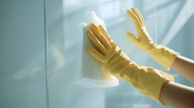 Hands in yellow gloves cleaning glass surface with white cloth. Hands wearing yellow rubber gloves, meticulously wiping down clear glass surface with white microfiber cloth, ensuring spotless finish