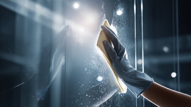Gloved hand with microfiber cloth cleaning glass surface with spray. Person wearing blue glove uses yellow microfiber cloth to clean glass surface, creating sparkling effect with water droplets light