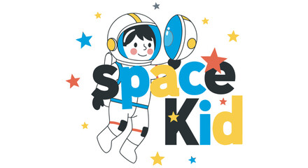 Fototapeta premium Astronaut illustration with stars and text colorful vector graphic on a white background