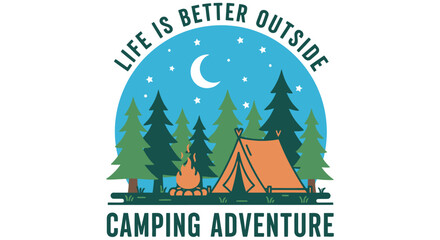 Camping adventure illustration with tent trees and crescent moon against a blue sky © SHYFUL_STUDIO