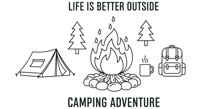 Camping Scene Illustration With Tent Fire Trees And Backpack Black Line Art