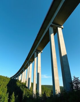 Low angle view of modern concrete viaduct bridge crossing deep forest valley under clear blue sky. Tall highway pillars support massive roadway structure above green woodland trees. Civil engineering