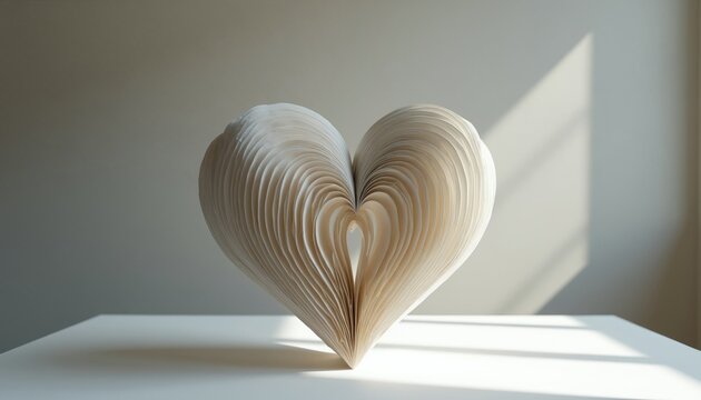 White paper heart sculpture stands on flat table surface. Layered book pages form organic curve shape in minimalist style. Creative handmade artistic object creates soft shadows. Elegant decor piece