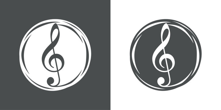 Logo m&uacute;sica. Dibujo sencillo de la clave de sol en un c&iacute;rculo con l&iacute;neas exteriores en colores gris y blanco 