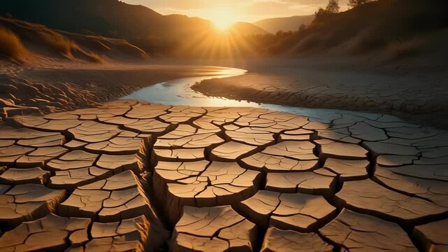 Arid cracked earth landscape with winding river during golden hour sunset light cinematic motion