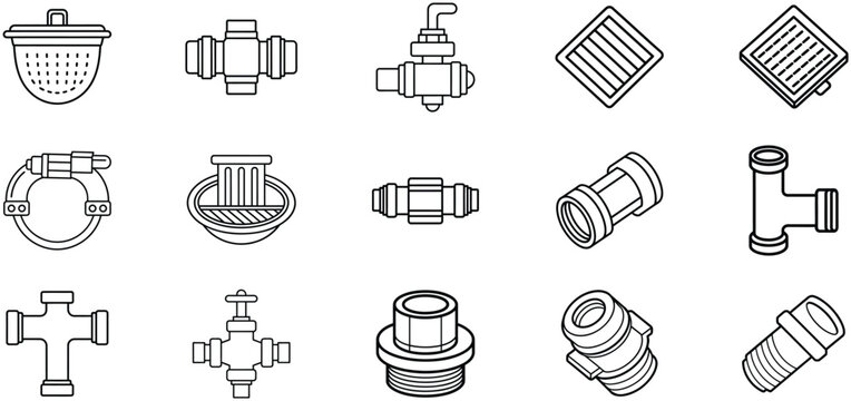 Plumbing tools and fittings icons. Pipe connections and valves illustrations